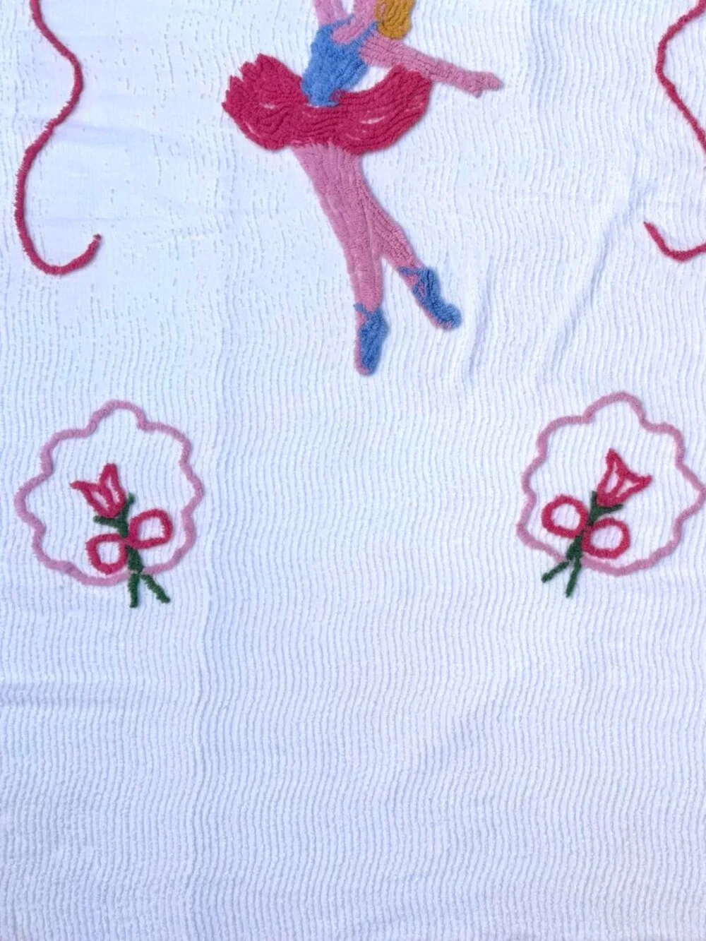 Vintage Chenille Twin Bedspread Pink Ballerina Roses Cottagecore Balletcore